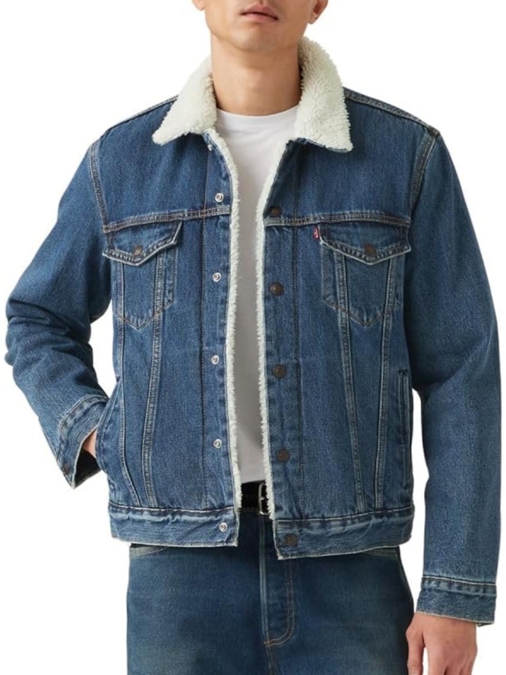 Goodfellow & Co Men's Medium Blue Denim Jacket with White Sherpa Lining